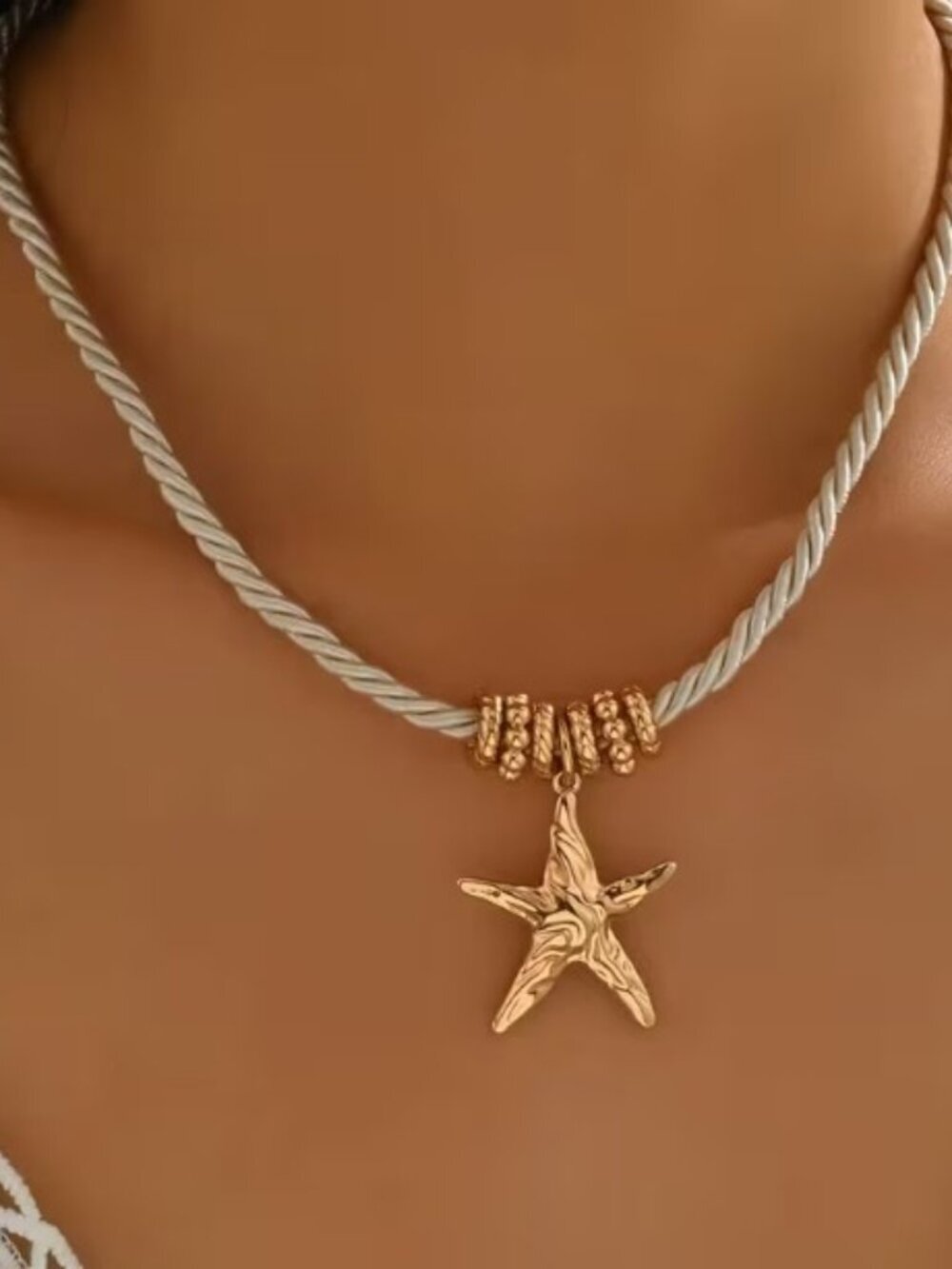 Golden Starfish Spiral Sun Pendant Braided White Rope Design Collarbone Chain
